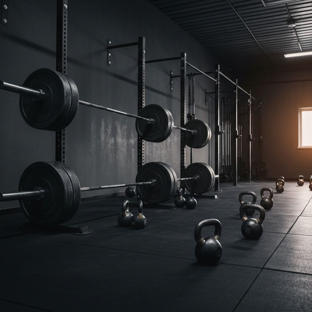 Dark gym interior with barbells and weight equipment