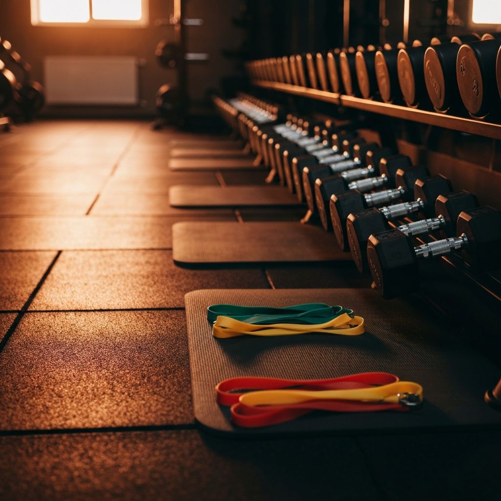 Gym equipment including dumbbells and fitness accessories ready for training